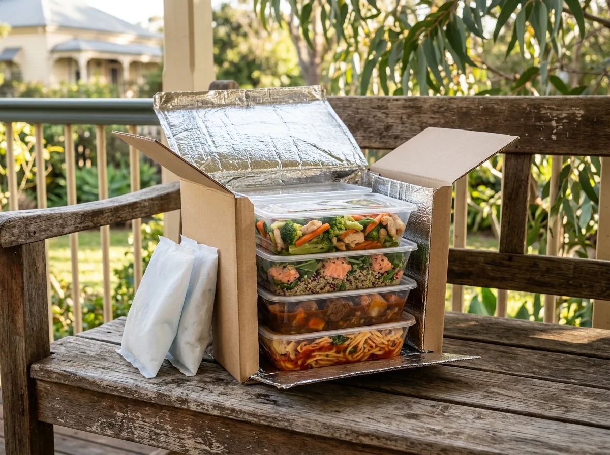 Opened insulated meal delivery box with sealed meal containers and ice packs