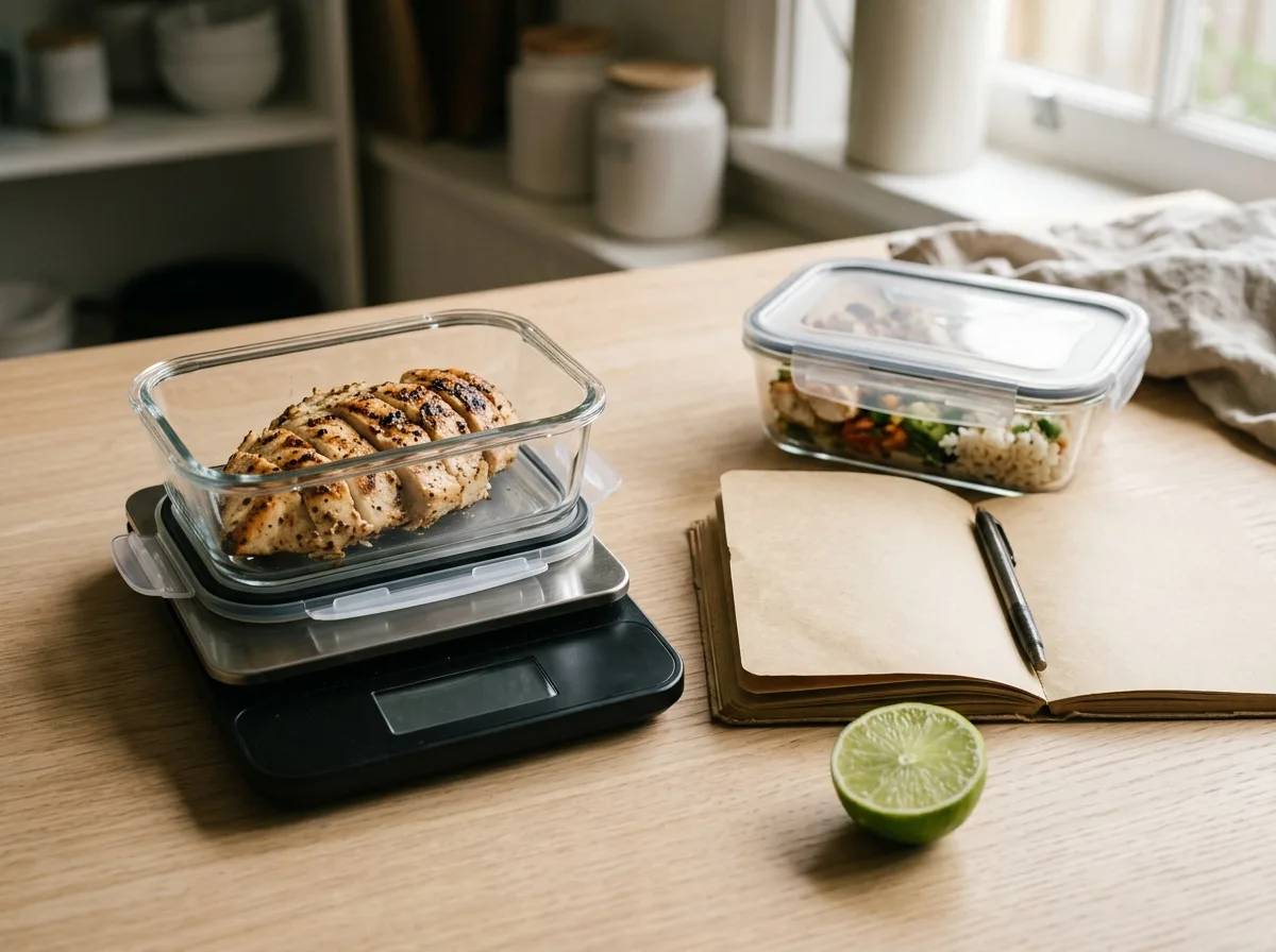 Kitchen scale weighing a meal portion beside a notebook on a testing bench